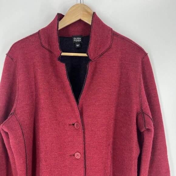 Eileen Fisher Sweater Size Large Red Felted Merino Wool Blazer Jacket Button Up - Picture 2 of 9